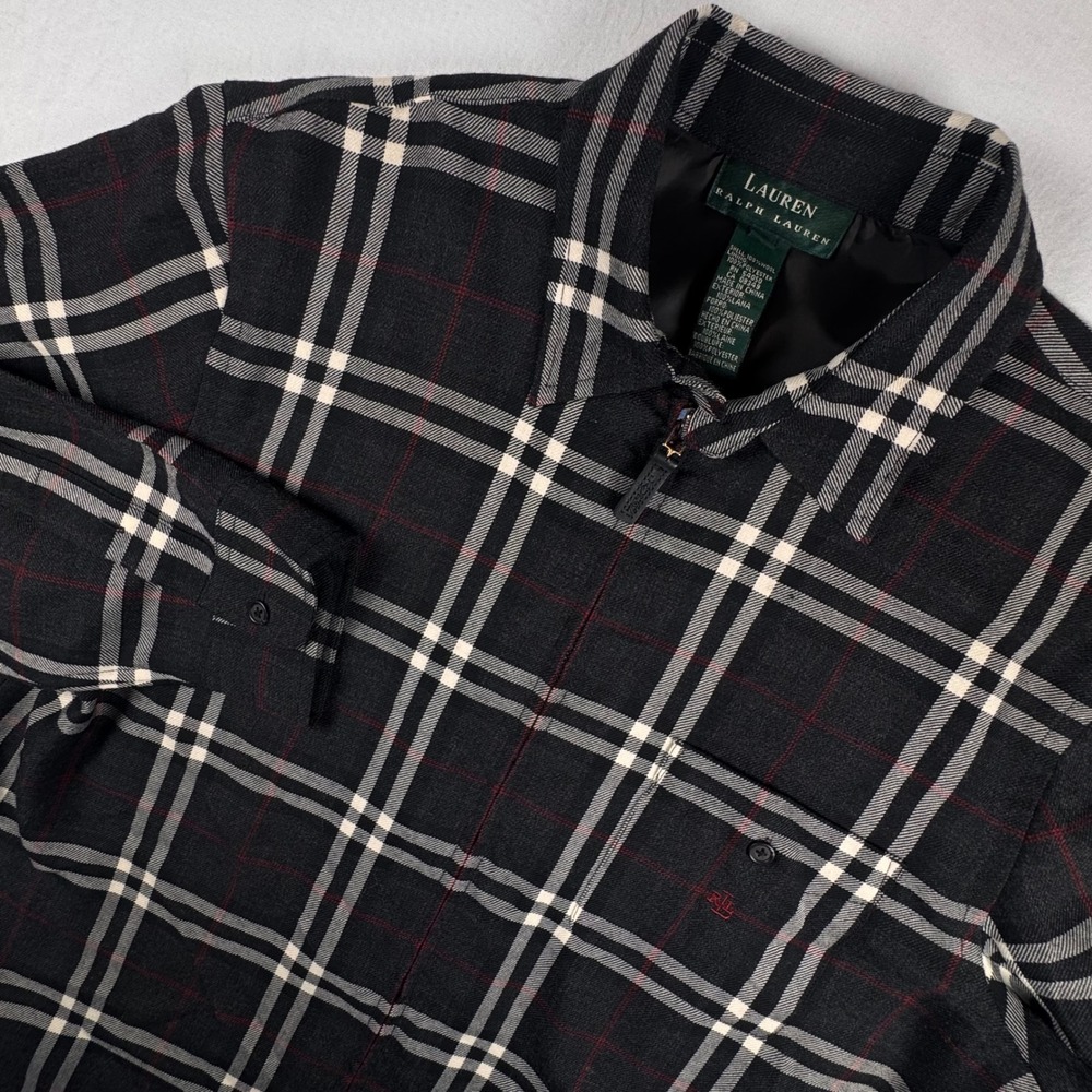 Lauren Ralph Lauren Jacket Women Large Black Plaid Wool Full Zip RL Monogram